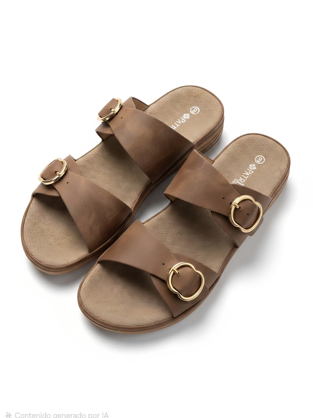 Women’s Brown Double-Band Slide Sandals with Gold Buckles